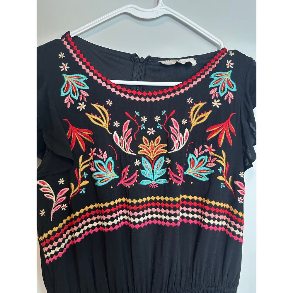 Savanna Jane Embroidered Jumpsuit M Black Floral Boho Wide Leg Flutter Sleeve - Picture 4 of 13